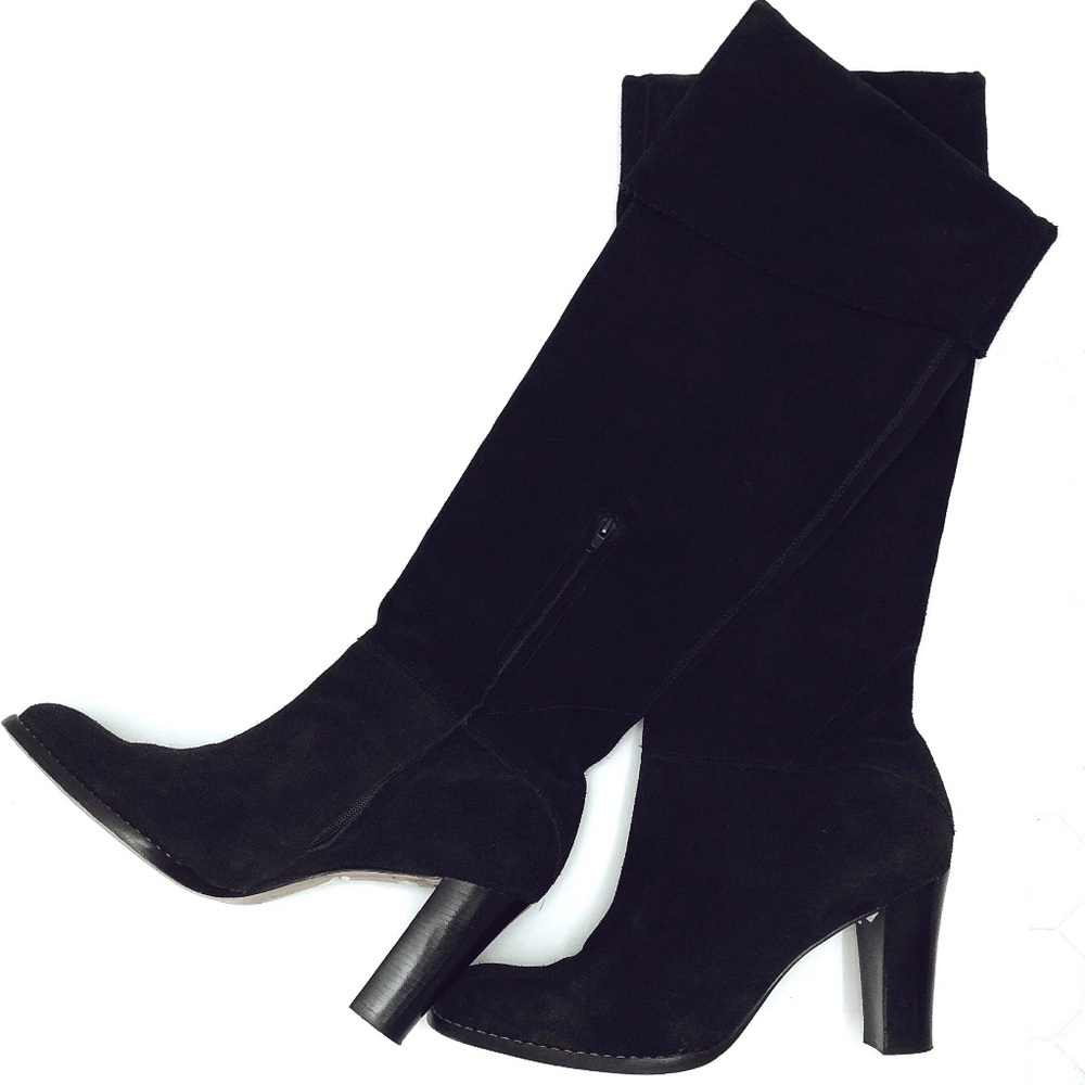 Anne Klein Black Leather Suede Heeled Boots